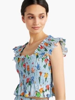 The Paz Crop Top - Light Blue Space Floral Linen size extra small